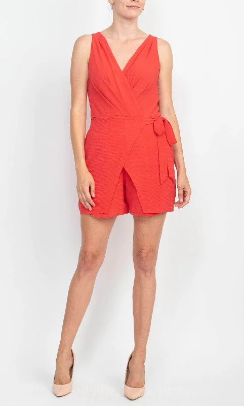 London Times T6390M - Ruched V-Neck Romper