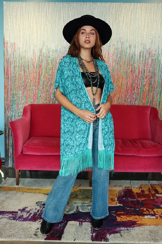 Turquoise Tooled Printed Fringe Kimono