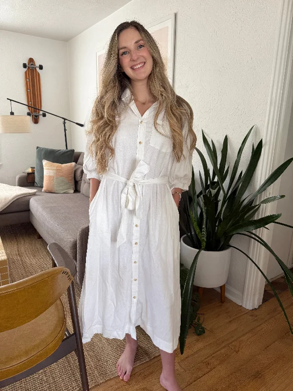 Willow White Linen Button Down Belted Midi Dress