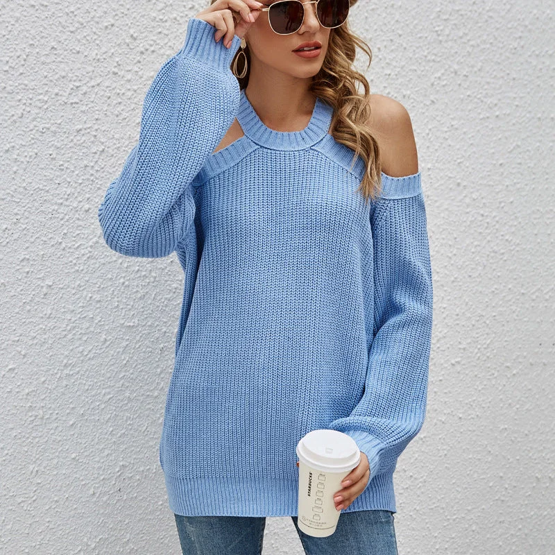 New Women Sexy Lantern Sleeve Off-Shoulder Solid Color Sweater