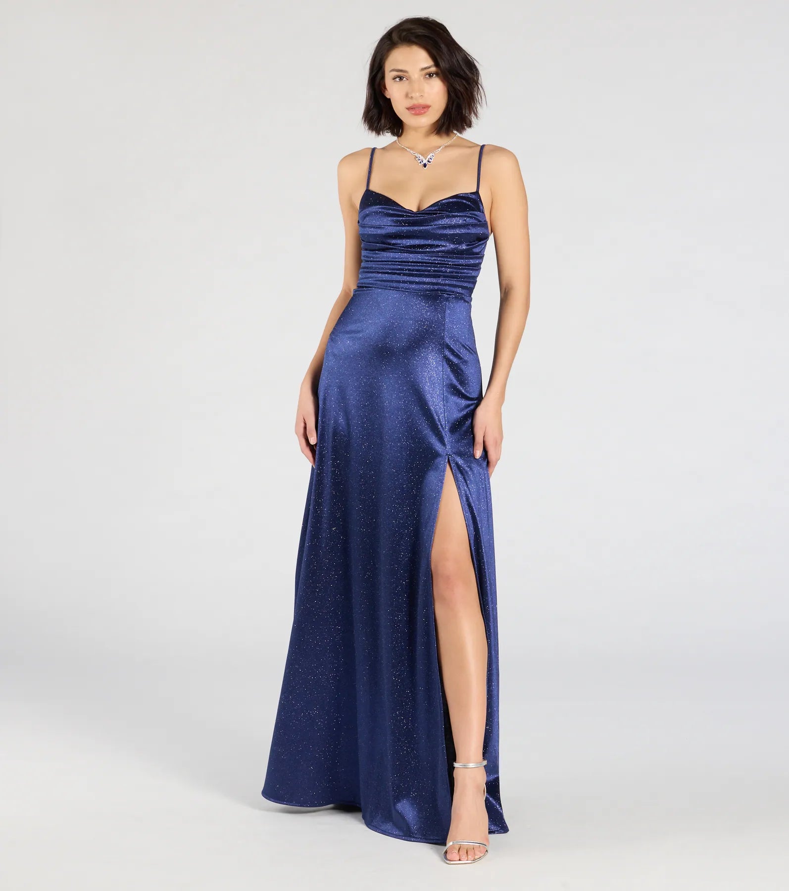 Ashtyn Glitter Satin High Slit A-Line Formal Dress