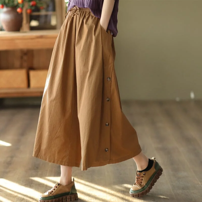 Women Retro Cotton Solid Wide Leg Trousers