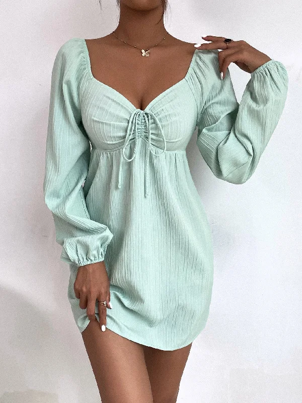 Plain Tie Front Long Sleeve Sweetheart Straight High Waist Short Dress