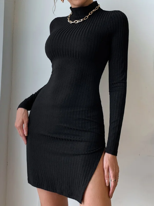 Plain Split Thigh Long Sleeve Stand Collar Slit Natural Mini Dress