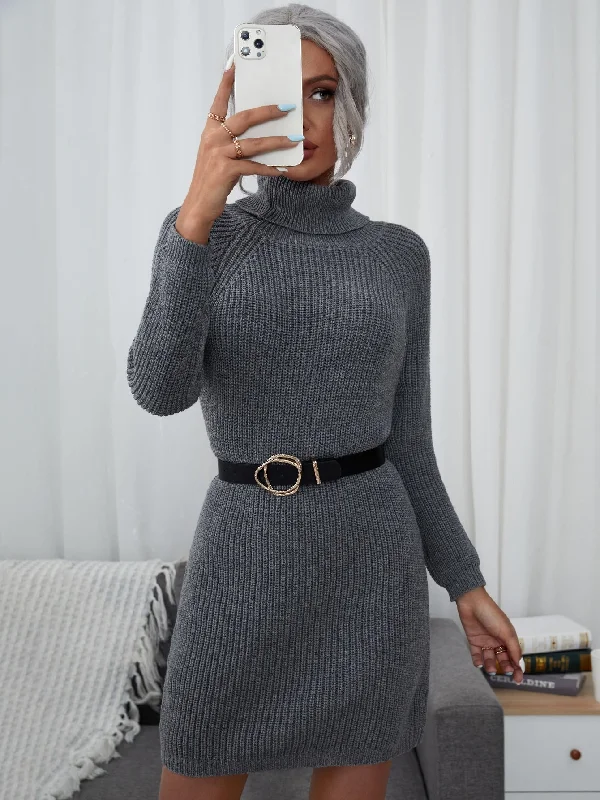 Elegant Plain Long Sleeve High Neck Pencil Natural Short Women Sweater Dress