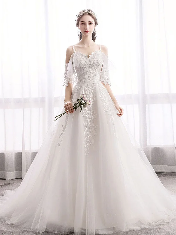 White Sweetheart Lace Tulle Long Wedding Dress, Lace Bridal Dress