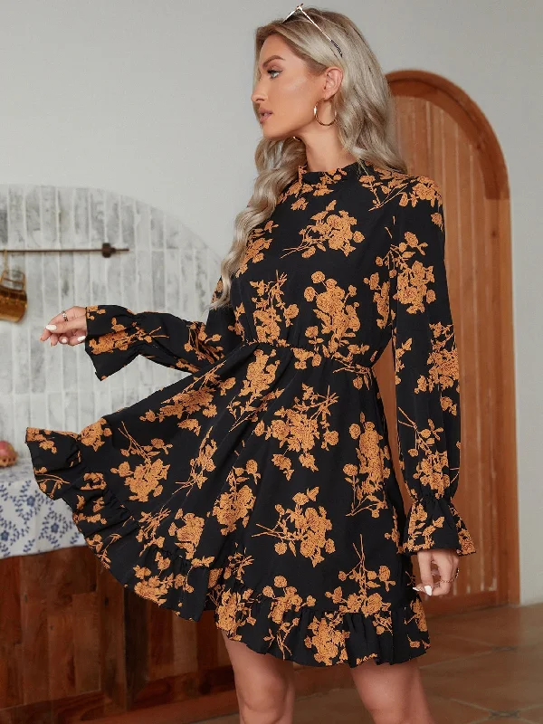 All Over Print Ruffle Neck Long Sleeve Stand Collar Flounce High Waist Short Dress