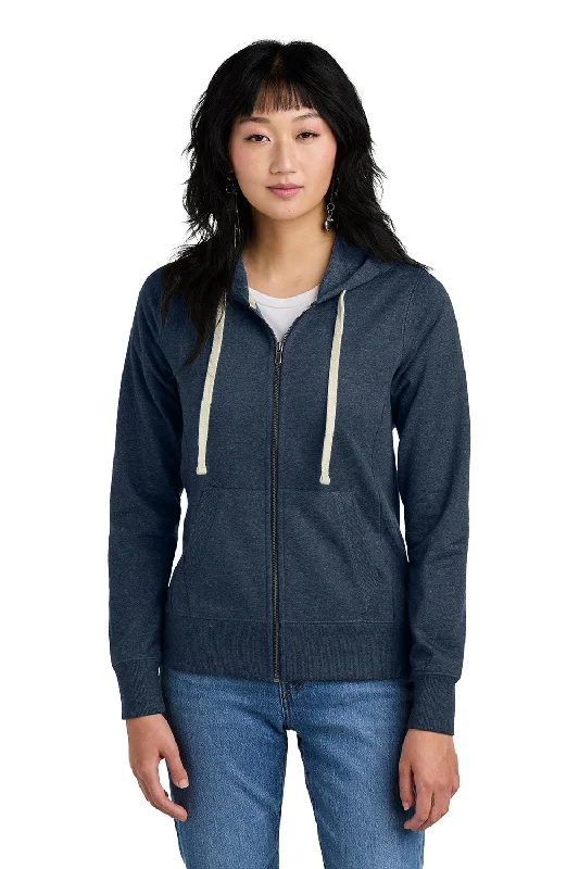 District Womens Re-Fleece Full Zip Hooded Sweatshirt Hoodie w/ Pockets - Heather Navy Blue