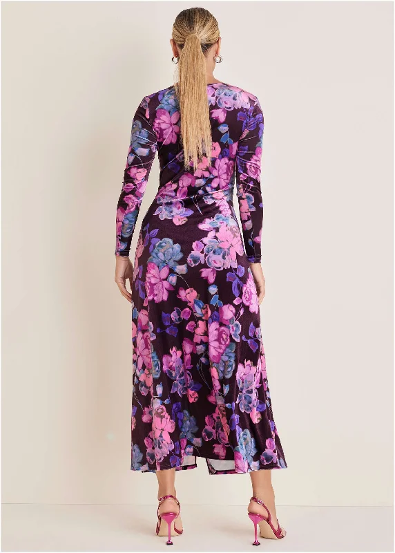 Ruched Velvet Maxi Dress - Electric Bouquet