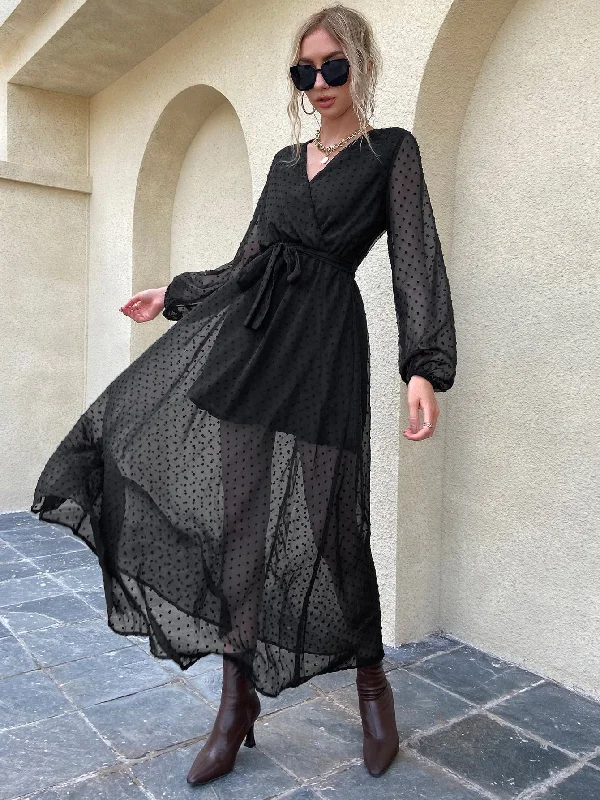 Plain Belted Long Sleeve V Neck Flared High Waist Maxi Womens Dress