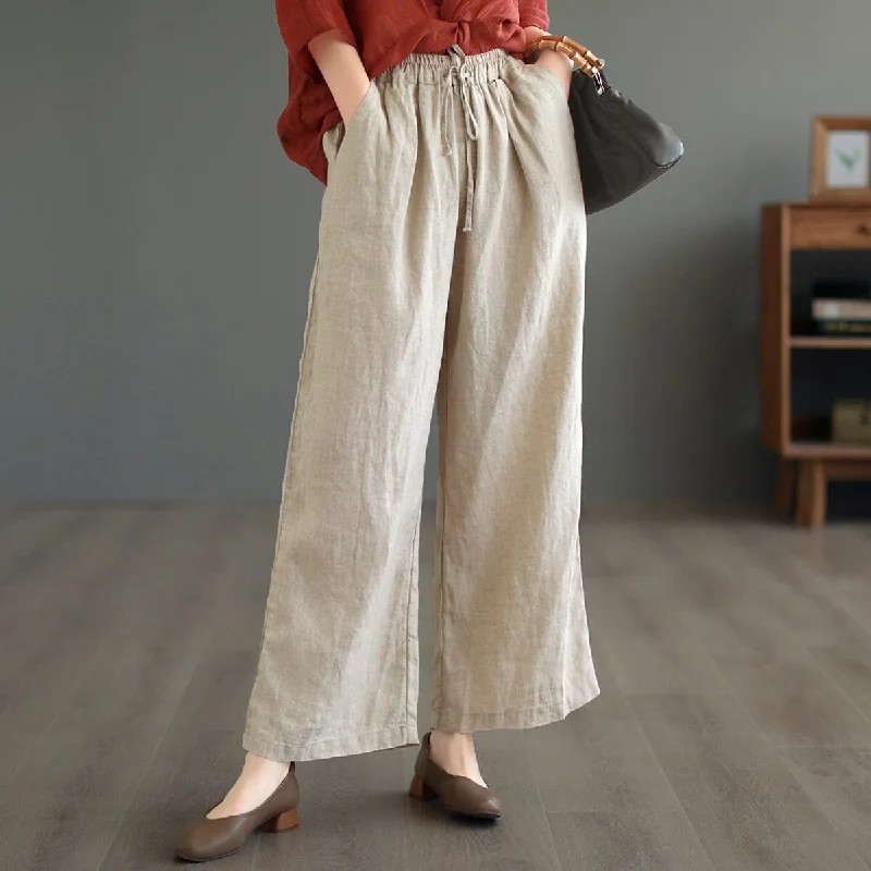 Women Summer Solid Loose Linen Casual Wide Leg Pants