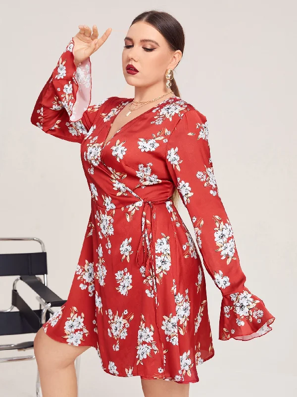 Boho Floral Tie Front Long Sleeve V Neck Wrap High Waist Short Plus Size Dress