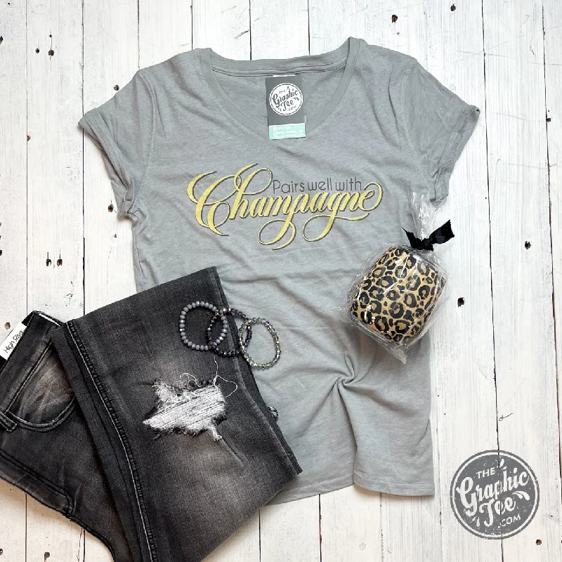 Pairs Well with Champagne - Ladies Glitter V-Neck Tee