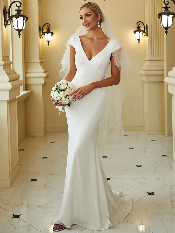 Cover Sleeves Backless Fishtail Deep V Neck Wholesale Wedding Dresses