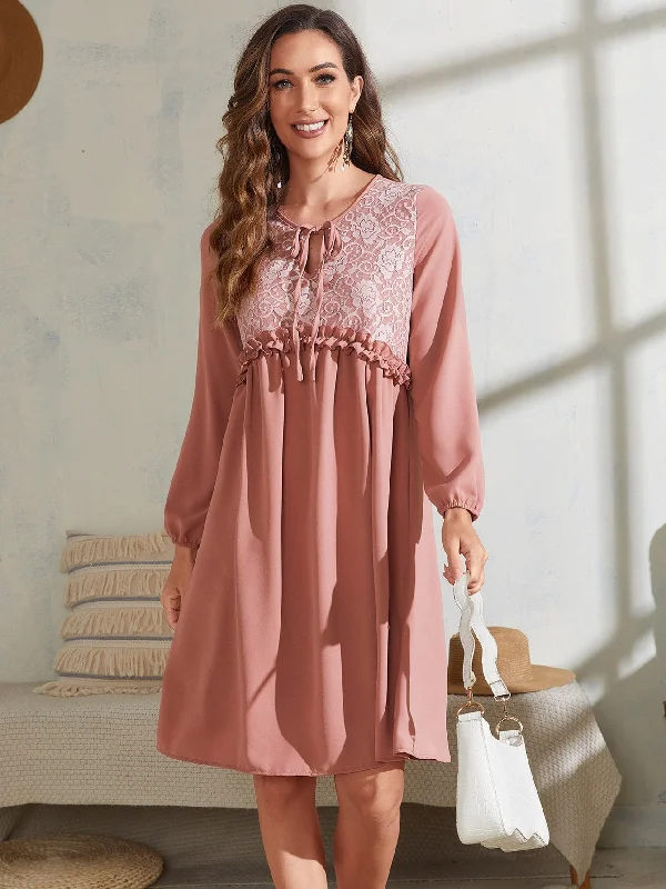 Plain Frill Long Sleeve Tie Neck Flared High Waist Short Dress