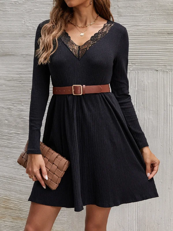 Plain Rib-Knit Long Sleeve V Neck Flared High Waist Short Dress