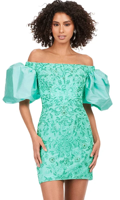 Ashley Lauren 4609 - Oversized Puff Sleeve Beaded Cocktail Dress