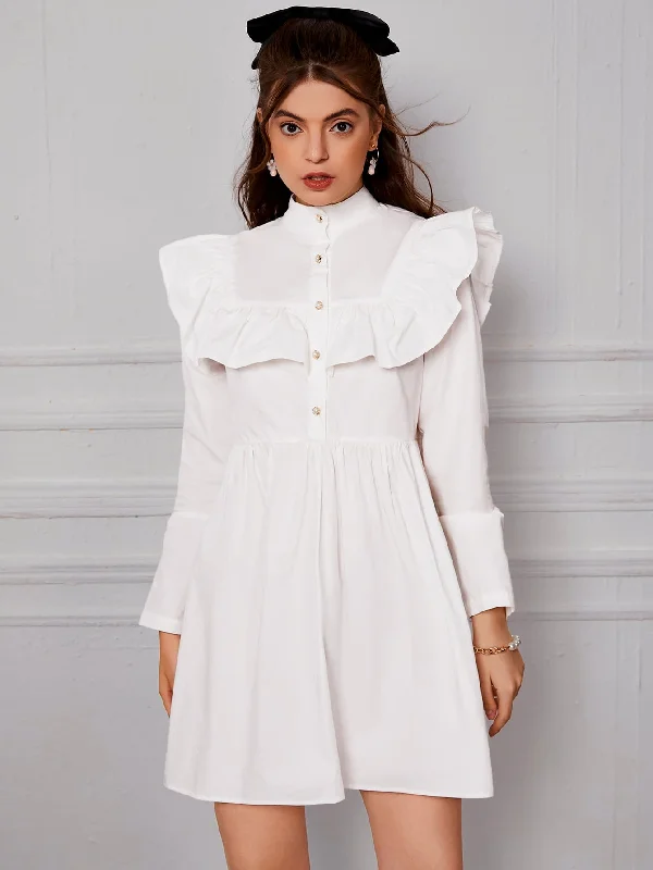 Plain Button Front Long Sleeve Stand Collar Flared High Waist Short Dress