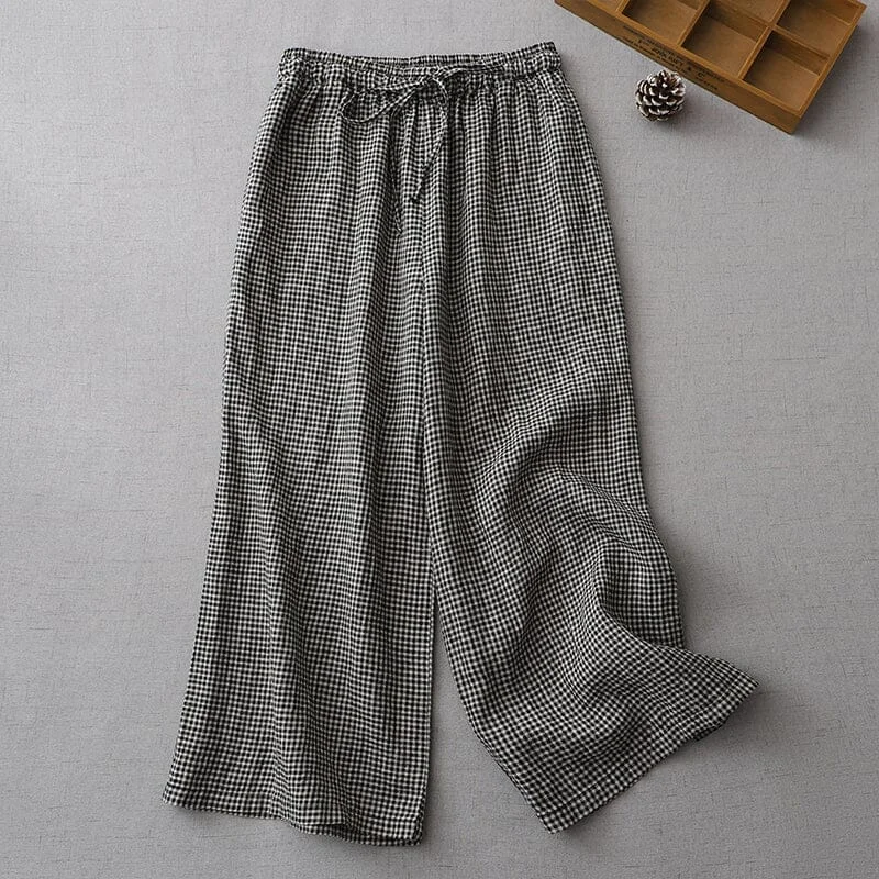 Women Summer Cotton Linen Wide Leg Plaid Pants