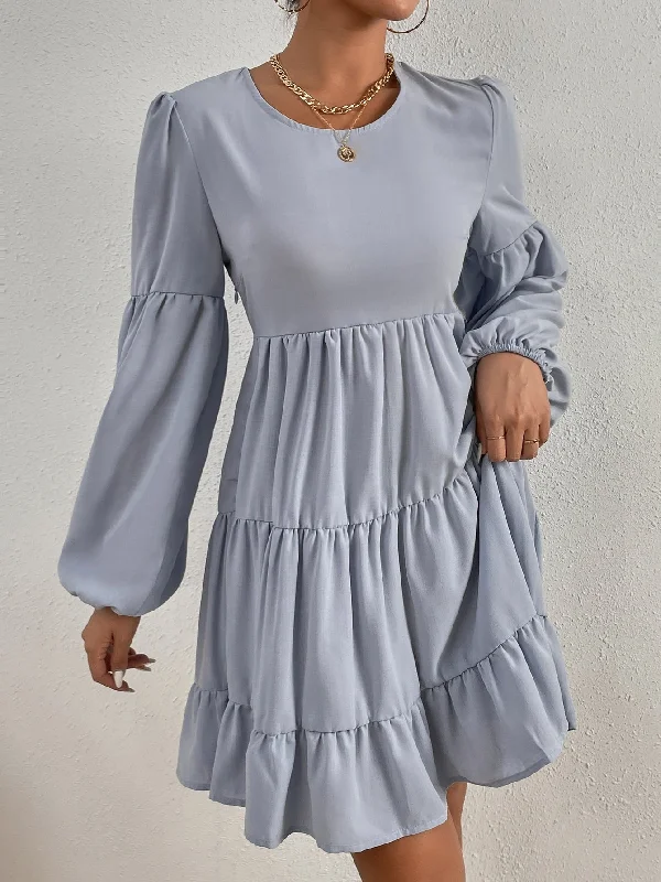 Plain Ruffle Hem Long Sleeve Round Neck Flounce High Waist Short Dress