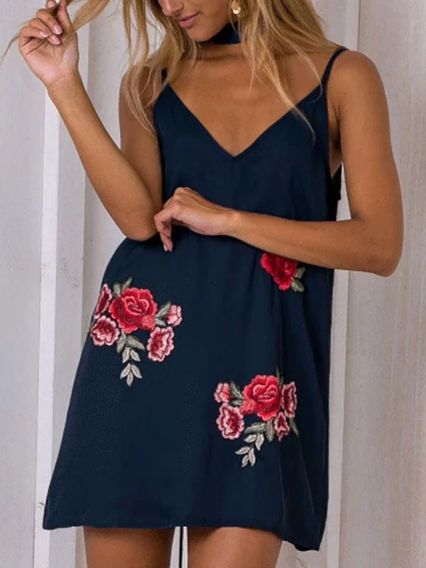 Wholesale V-Neck Sleeveless Embroidered Mini Dresses