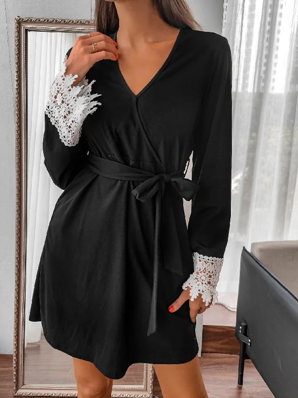 Plain Belted Long Sleeve V Neck Flared High Waist Short Dress