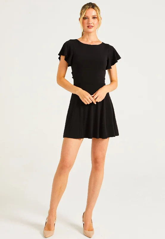 Reversible Mini Dress With Flutter Sleeves & Waist Tie In Black