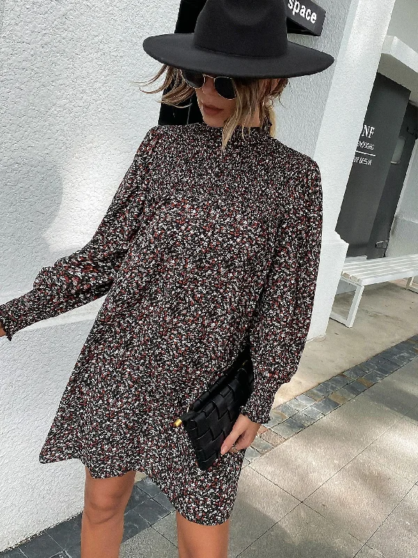 Ditsy Floral Shirred Long Sleeve Stand Collar Flared Natural Short Dress