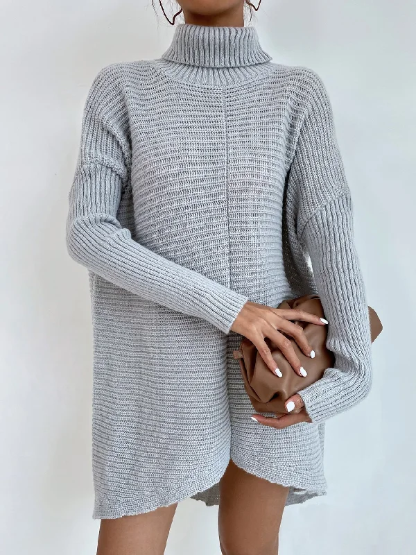 Casual Plain Asymmetrical Long Sleeve High Neck Asymmetrical Natural Short Women Sweater Dress