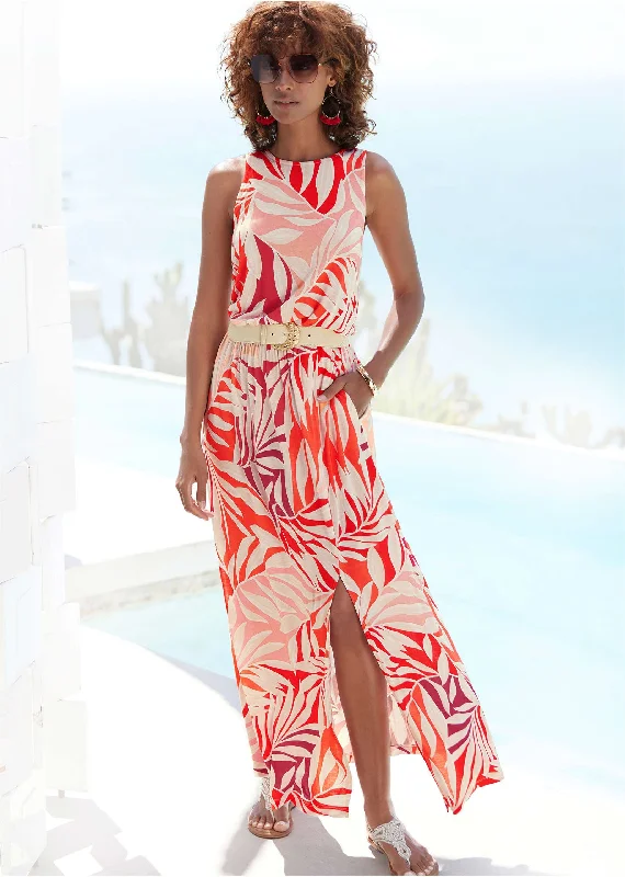 Printed Slit Maxi Dress - Red Multi