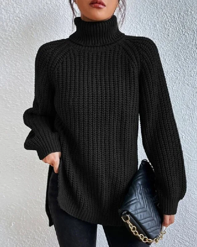 BerryBetty - Raglan sleeve turtleneck slit sweater