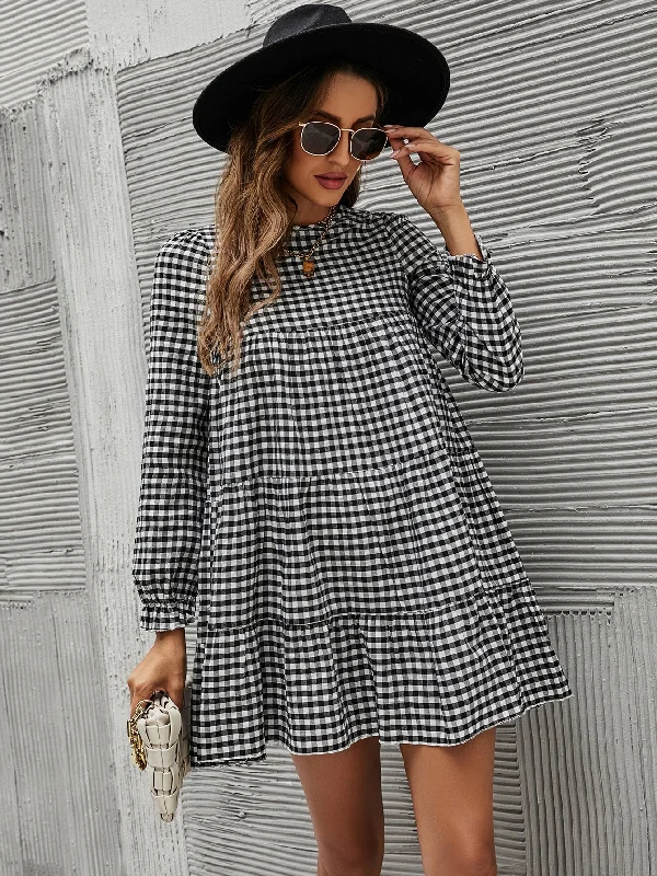 Gingham Ruffle Hem Long Sleeve Round Neck Flounce Natural Short Dress