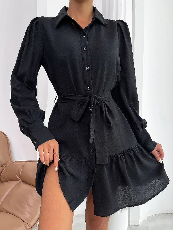 Plain Button Front Long Sleeve Collar Flounce High Waist Short Dress