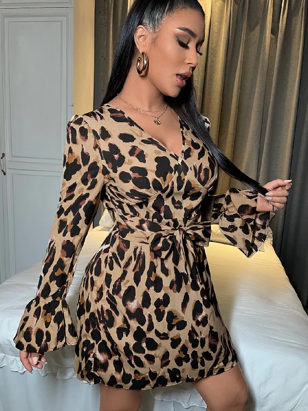 Leopard Tiered Layer Long Sleeve V Neck Flared Natural Short Dress