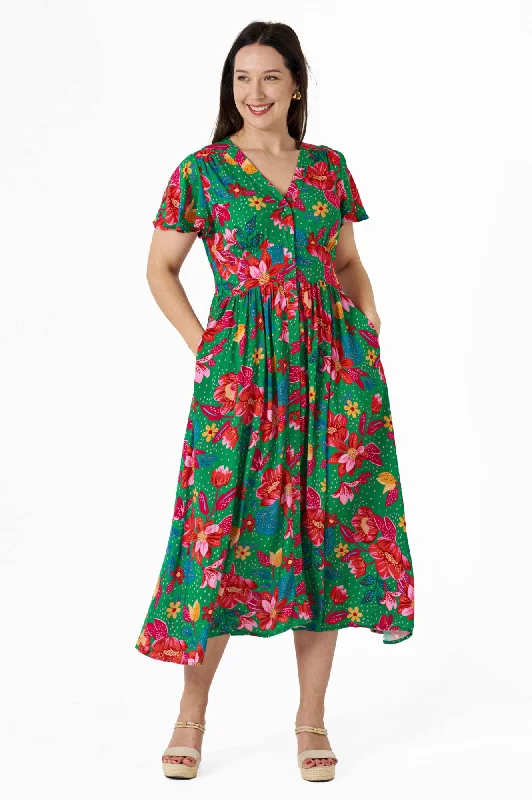 Alish Midi Dress - Green/Red Floral