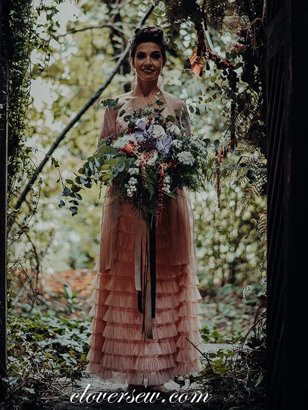 Charming Peach Pink Spaghetti Strap Lace Tiered Tulle Wedding Dresses, CW0253