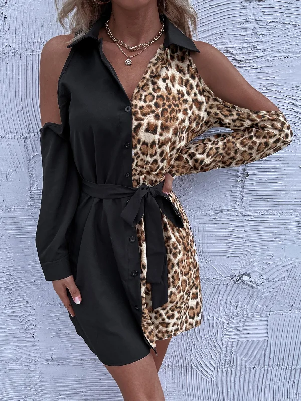 Leopard Button Front Long Sleeve Collar Straight Natural Short Dress