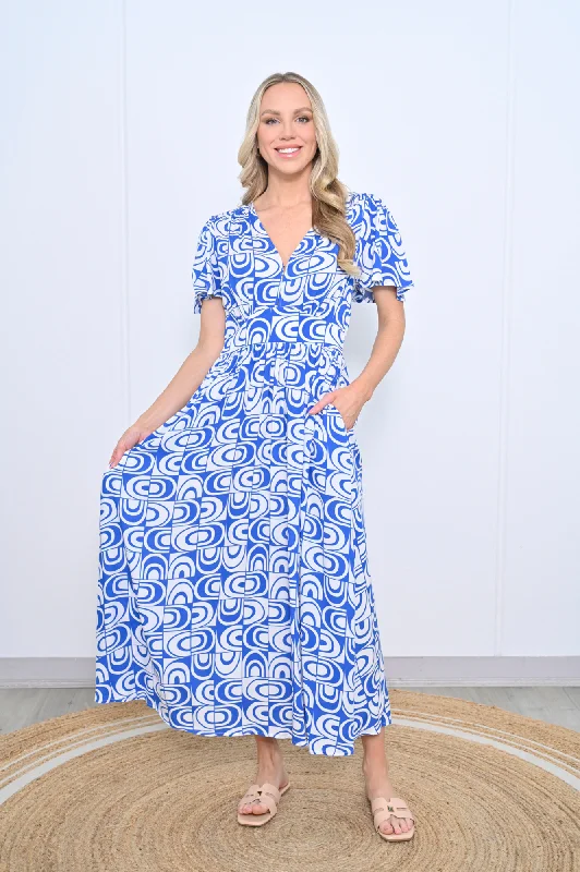 Vee Neck Dress With Pockets - Blue