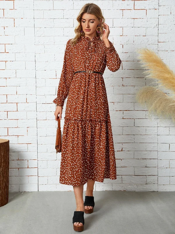 All Over Print Ruffle Hem Long Sleeve Tie Neck Flounce High Waist Long Dress