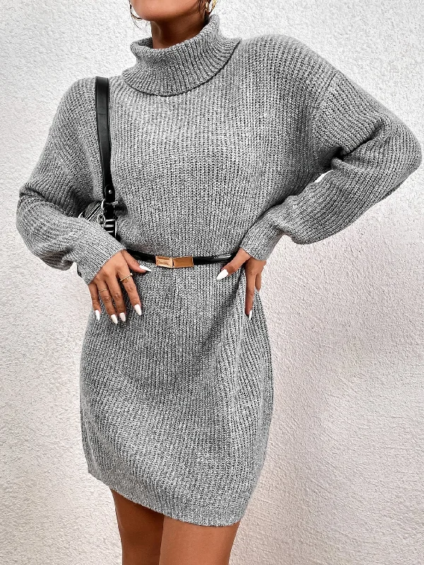 Casual Plain Long Sleeve High Neck Straight Natural Short Women Sweater Womens Dress