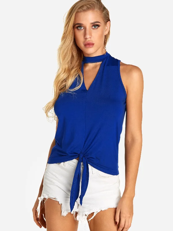 Wholesale Blue Halter Sleeveless Plain Cut Out Camis