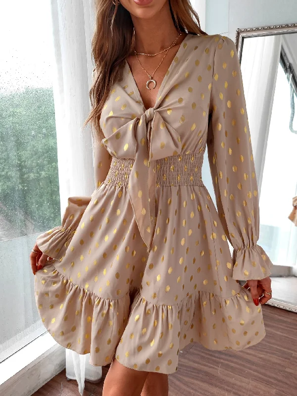 All Over Print Tie Front Long Sleeve Deep V Neck Flounce High Waist Short Dress