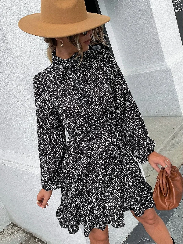 All Over Print Button Long Sleeve Tie Neck Flounce High Waist Short Dress