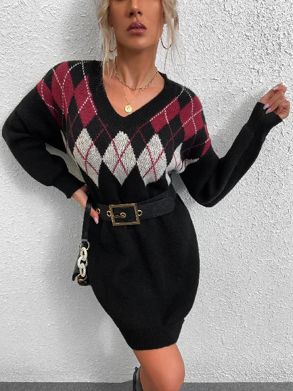 Casual Geometric Long Sleeve V Neck Straight Short Women Sweater Dress