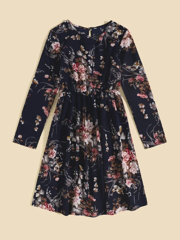 Floral Long Sleeve Round Neck Flared High Waist Short Womens Dress