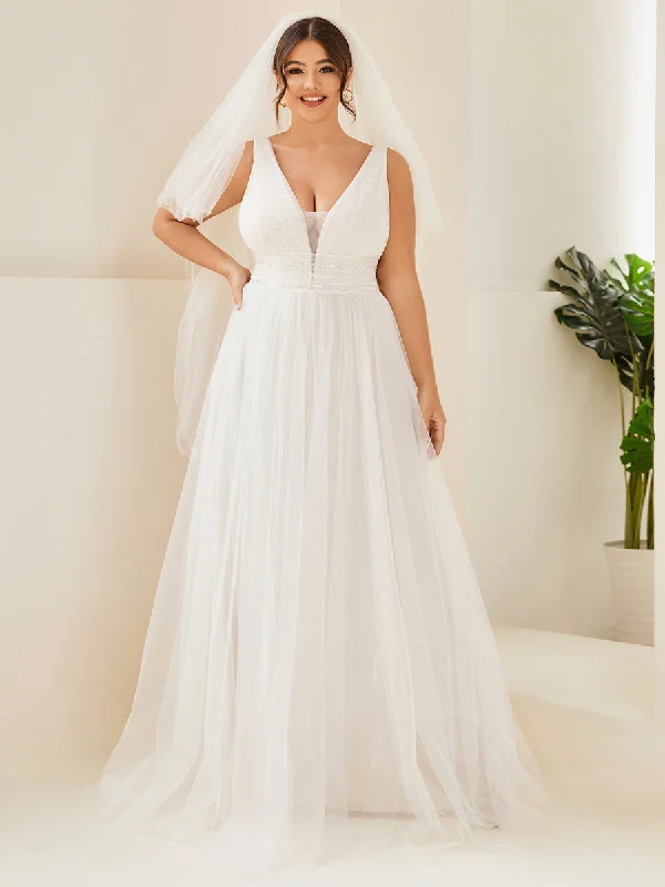 Plus Backless A Line Sleeveless Wholesale Wedding Dresses with Deep V Neck