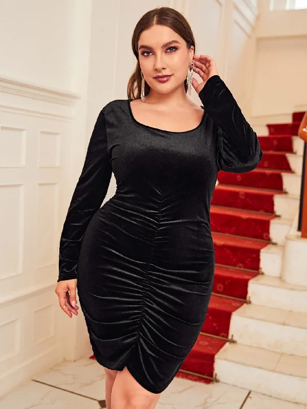 Elegant Plain Ruched Long Sleeve Scoop Neck Pencil Natural Short Plus Size Dress