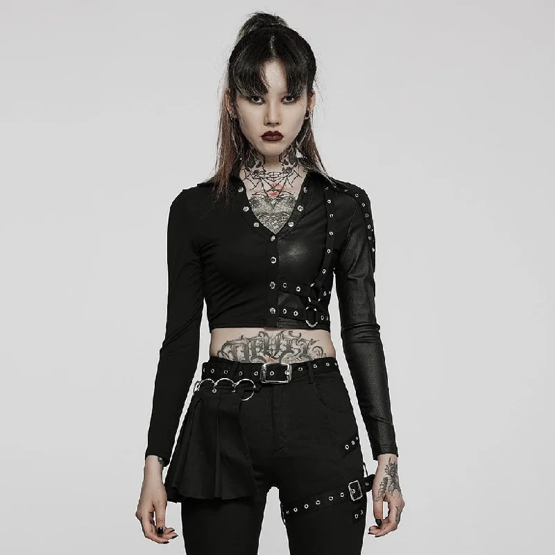 Women's Punk V-neck Splice Rivets Long Sleeved Crop Top