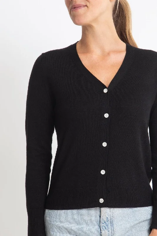 Cotton + Cashmere Superfine V Cardigan in Black