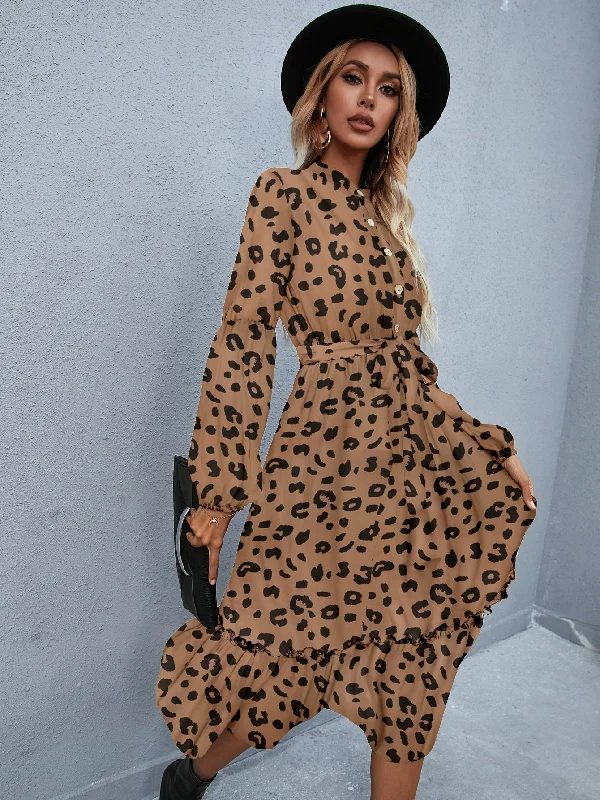 Leopard Button Long Sleeve Stand Collar Flounce High Waist Midi Dress